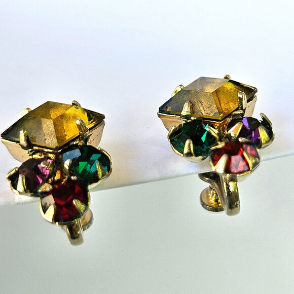 Amber Rhinestone Pin, Gold-toned Brooch with Coordinating Screw back Earrings - Picture 8 of 12